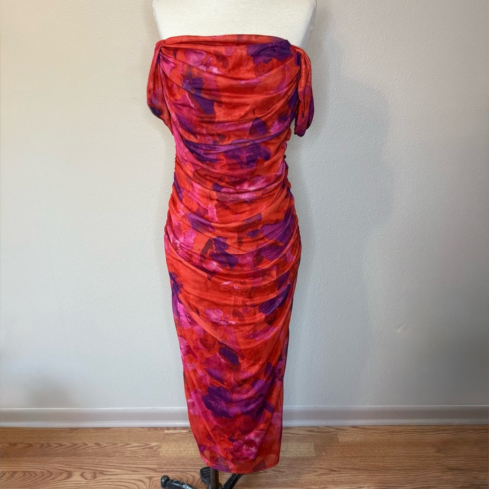 Rouched Red and Purple Floral  Off Shoulder Bodycon Dress